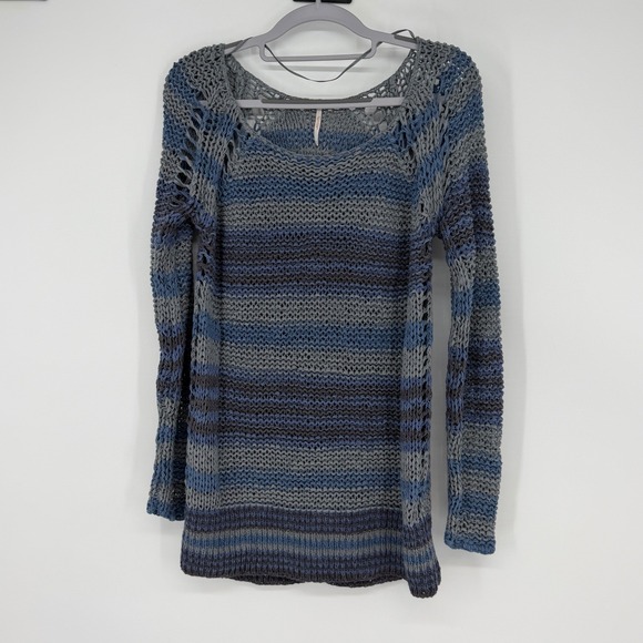 Free People Sweaters - Free People Striped Knit Pullover Sweater Long Sleeve Blue Grey M Slouchy Boho‎
